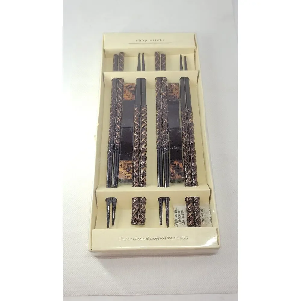 Pier 1 Imports 4 Pairs of Chopsticks with Rests Dark Brown Woven wood design